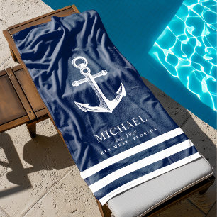Nautical Themed Anchor   Custom Name Beach Towel