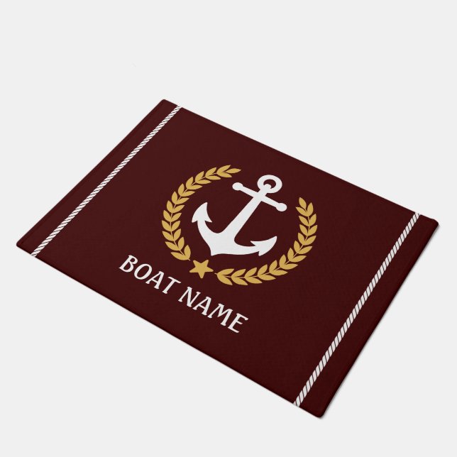 Nautical Themed Anchor Gold Laurel Star Boat Name Doormat (Angled)