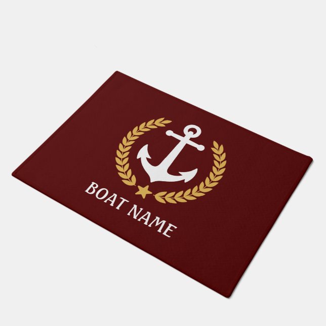 Nautical Themed Anchor Gold Laurel Your Boat Name Doormat (Angled)