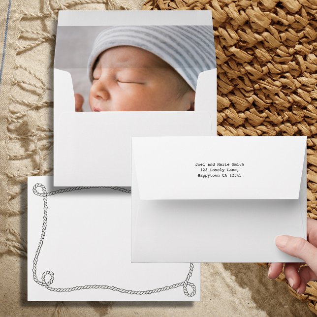 Nautical themed announcement with photo envelope (Nautical themed newborn baby birth announcement envelope with photo)
