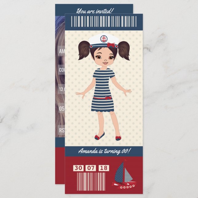 Nautical themed Birthday Party Boarding Pass photo Invitation (Front/Back)