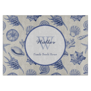 Nautical Themed Blue Seashell Custom Cutting Board