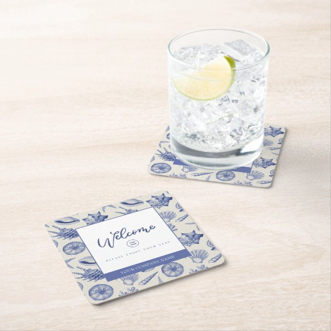 Nautical Themed Blue Seashell Square Paper Coaster (Insitu)
