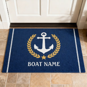 Nautical Themed Boat Name Anchor Gold Laurel Navy Doormat