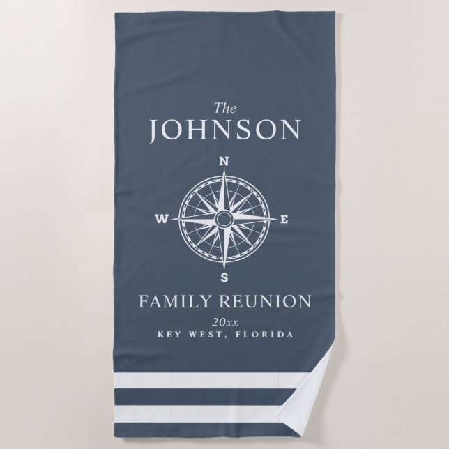 Nautical Themed Compass Slate Blue Beach Towel (Front)
