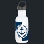 Nautical themed design 532 ml water bottle<br><div class="desc">Nautical themed design with anchor and laurel wreath decoration over blue and white geometric background</div>