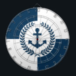 Nautical themed design dartboard<br><div class="desc">Nautical themed design with anchor and laurel wreath decoration over blue and white geometric background</div>