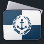 Nautical themed design laptop sleeve<br><div class="desc">Nautical themed design with anchor and laurel wreath decoration over blue and white geometric background</div>