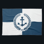 Nautical themed design tea towel<br><div class="desc">Nautical themed design with anchor and laurel wreath decoration over blue and white geometric background</div>