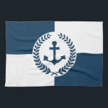 Nautical themed design tea towel<br><div class="desc">Nautical themed design with anchor and laurel wreath decoration over blue and white geometric background</div>