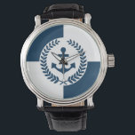 Nautical themed design watch<br><div class="desc">Nautical themed design with anchor and laurel wreath decoration over blue and white geometric background</div>
