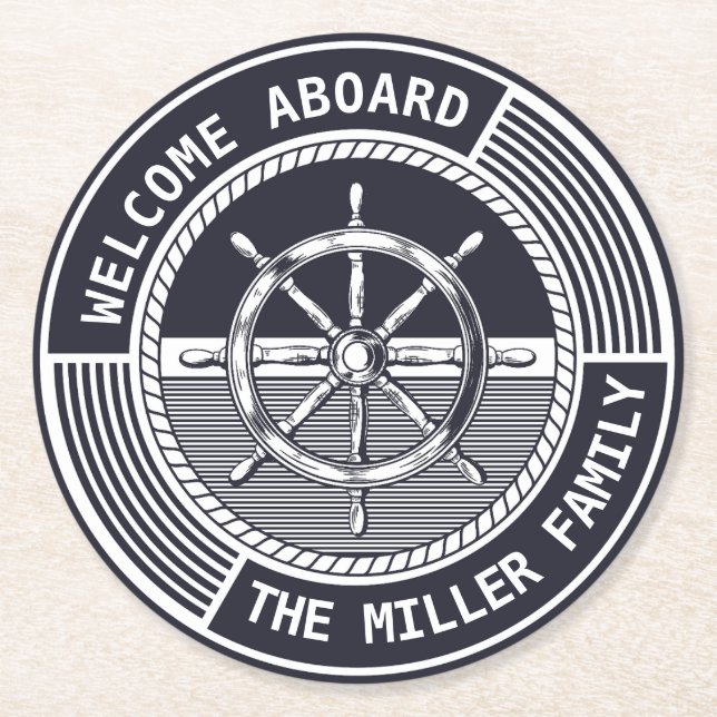 Nautical themed design with sailing wheel round paper coaster (Front)