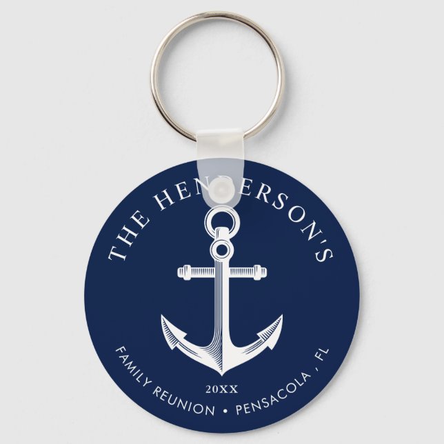 Nautical Themed Family Reunion Anchor Navy Key Ring (Front)