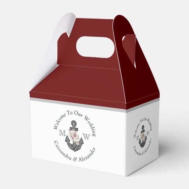 Nautical-Themed Floral Anchor Maroon Burgundy Red Favour Box (Front Side)