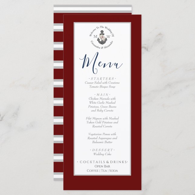  Nautical-Themed Floral Anchor White Maroon Red Menu (Front/Back)