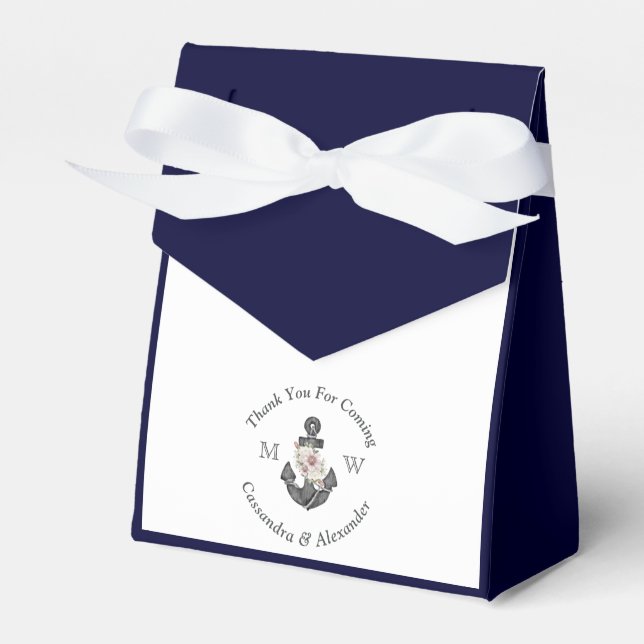 Nautical-Themed Floral Anchor White Navy Blue Favour Box (Front Side)