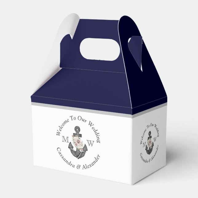 Nautical-Themed Floral Anchor White Navy Blue Favour Box (Front Side)