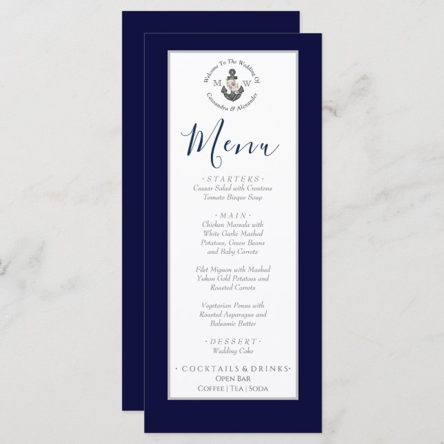 Nautical-Themed Floral Anchor White Navy Blue Menu (Front/Back)