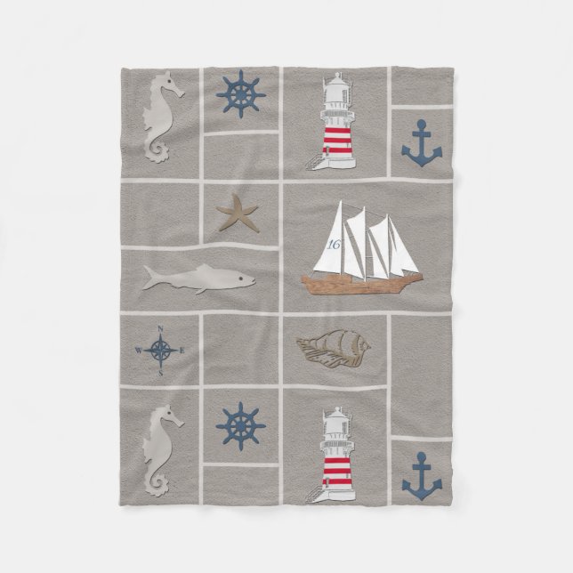 Nautical themed illustration fleece blanket (Front)