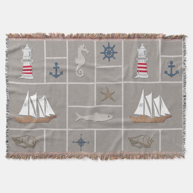 Nautical themed illustration throw blanket (Front)