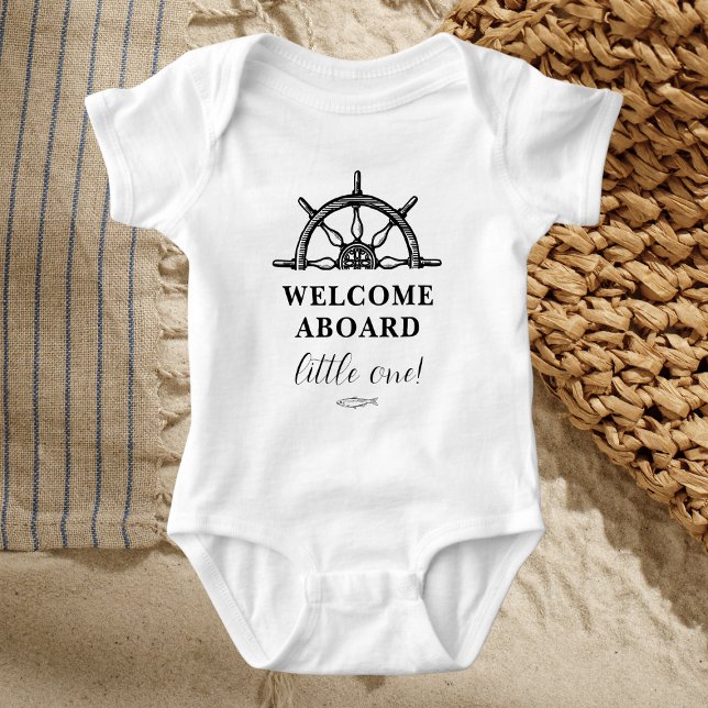 Nautical themed Newborn Baby Bodysuit (Nautical themed Newborn Baby Baby Bodysuit, "Welcome aboard little one!" with ship wheel graphic)