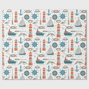 Nautical themed red teal gray white pattern wrapping paper