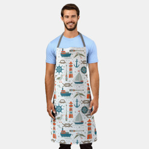 Nautical themed red teal grey white pattern apron