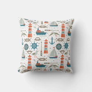 Nautical themed red teal grey white pattern cushion