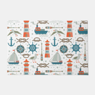 Nautical themed red teal grey white pattern doormat