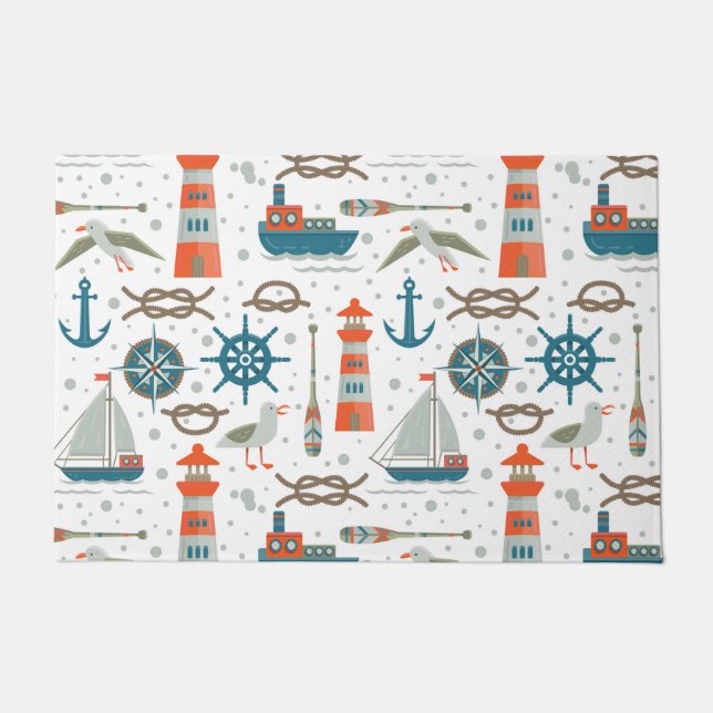 Nautical themed red teal grey white pattern doormat (Front)