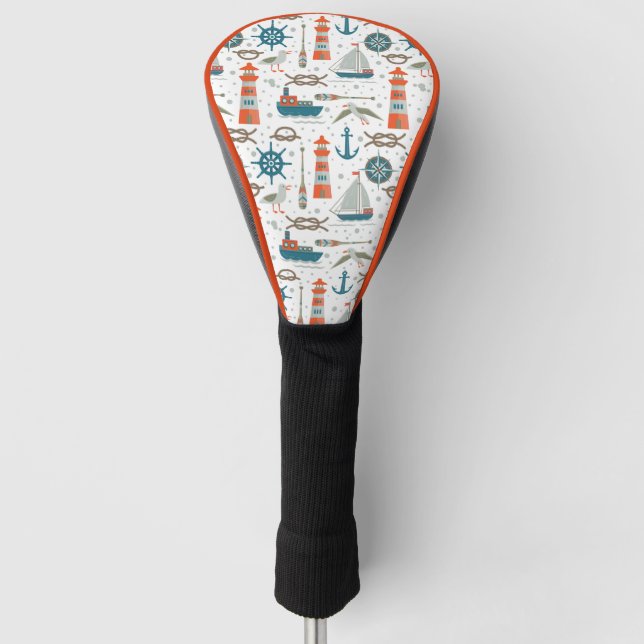 Nautical themed red teal grey white pattern golf head cover (Front)