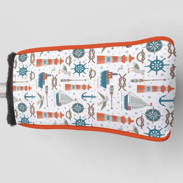 Nautical themed red teal grey white pattern golf head cover (Front)