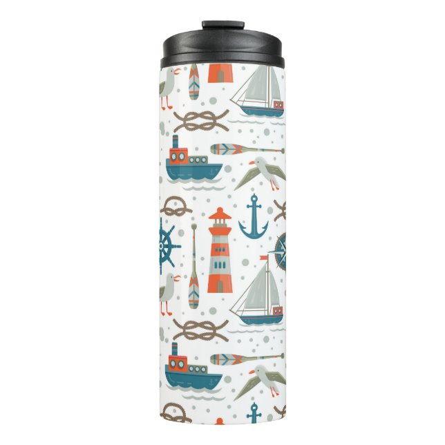 Nautical themed red teal grey white pattern thermal tumbler (Front)