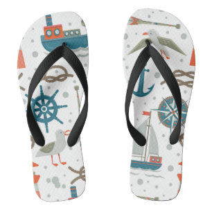 Nautical themed red teal grey white pattern thongs
