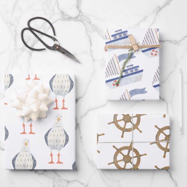 Nautical Themed Sailboat Wrapping Paper Sheet (Front)