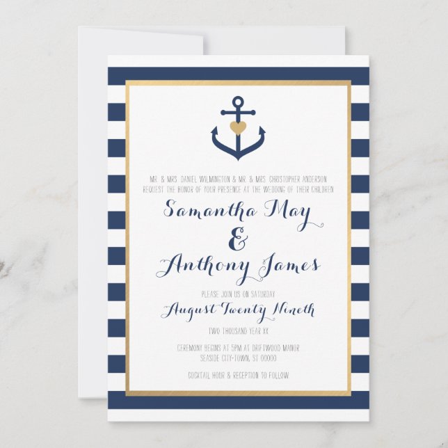 Nautical themed Wedding Invite - Navy Blue Anchor (Front)