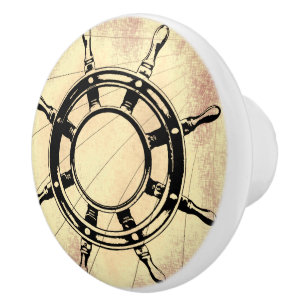 Nautical Themed  Wheel Sepia & Red  Ceramic Knob