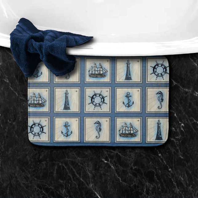 Nautical Tiles | Blue Lighthouse Anchor Ship Wheel Bath Mat (Creator Uploaded)