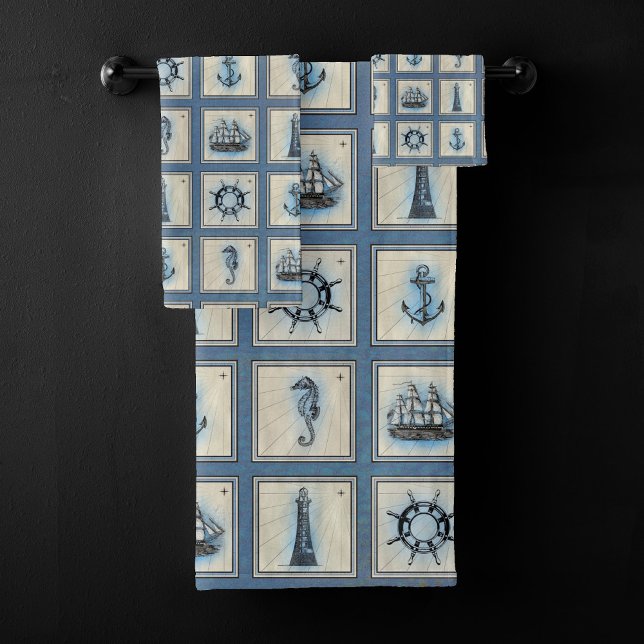 Nautical Tiles | Blue Lighthouse Anchor Ship Wheel Bath Towel Set (Creator Uploaded)
