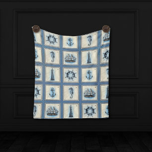 Nautical Tiles   Blue Lighthouse Anchor Ship Wheel Fleece Blanket