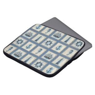 Nautical Tiles   Blue Lighthouse Anchor Ship Wheel Laptop Sleeve