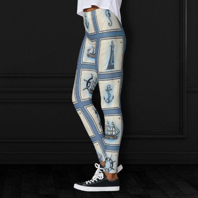 Nautical Tiles | Blue Lighthouse Anchor Ship Wheel Leggings (Creator Uploaded)