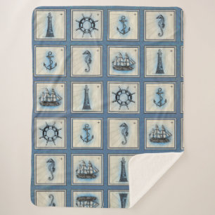 Nautical Tiles Blue Lighthouse Anchor Ship Wheel Sherpa Blanket