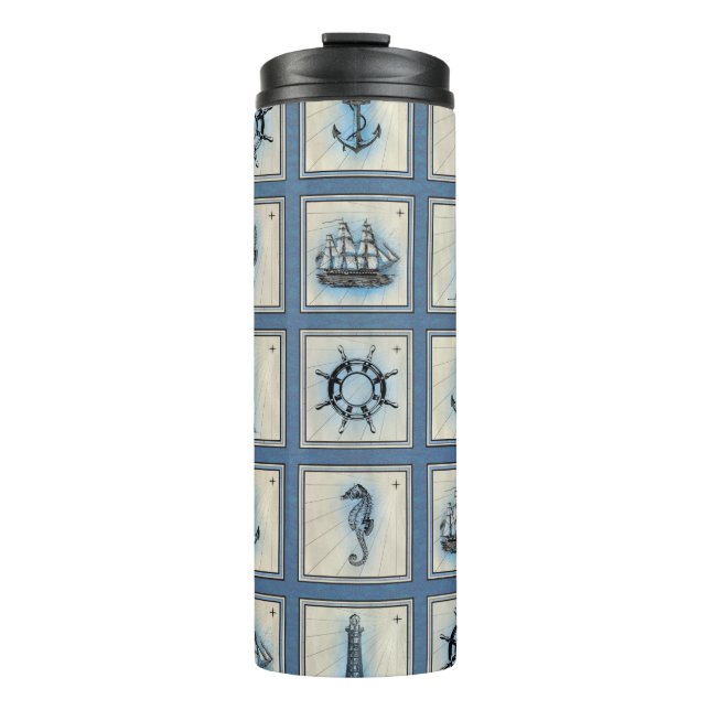 Nautical Tiles | Blue Lighthouse Anchor Ship Wheel Thermal Tumbler (Front)