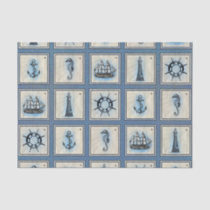 Nautical Tiles   Blue Lighthouse Anchor Ship Wheel Tissue Paper