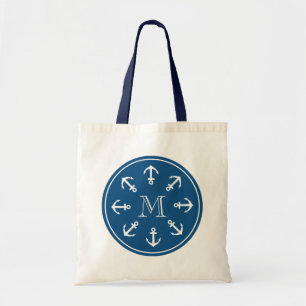 Nautical tote bag with round boat anchor monogram