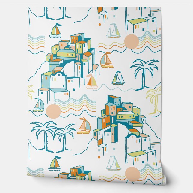 Nautical Town Print Wallpaper (Unrolling)