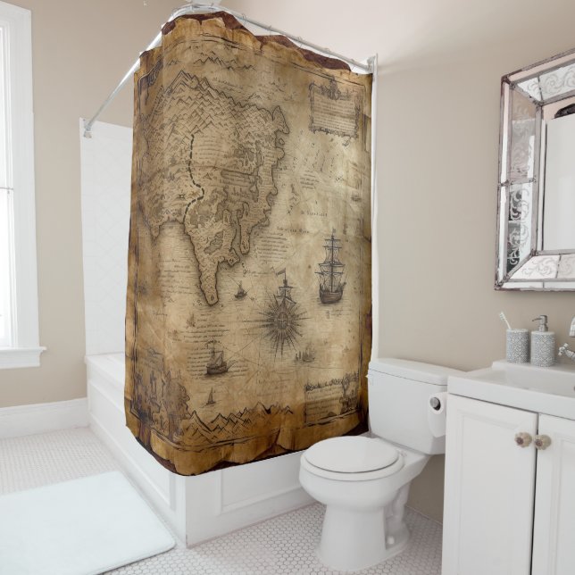 Nautical Treasure Map Shower Curtain (In Situ)