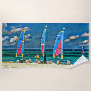 Nautical Tropical White Sand Beach Sailboats Towel