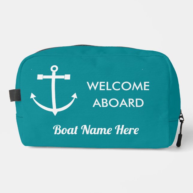 Nautical Turquoise Anchor Welcome Aboard Boat Name Dopp Kit (Front)